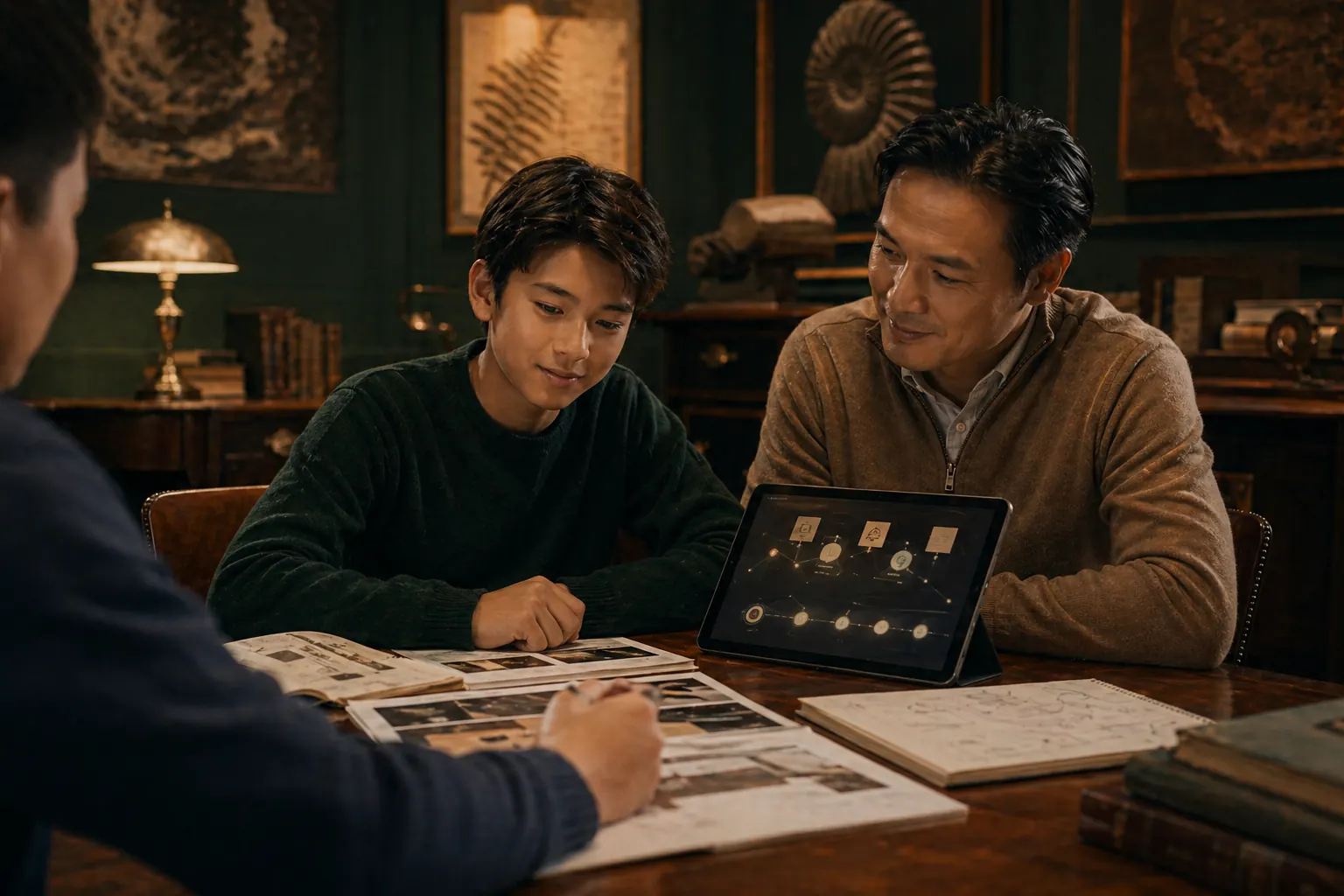 A parent and student reviewing a Growth Portfolio of writing samples and reasoning artifacts together at a study desk