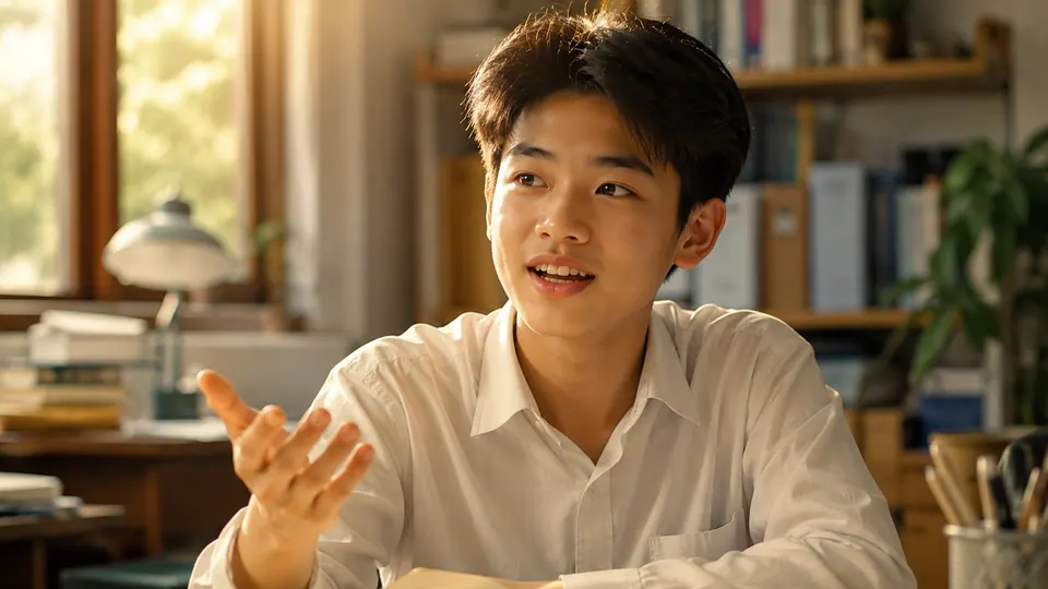 Teen student speaking in a warm study room