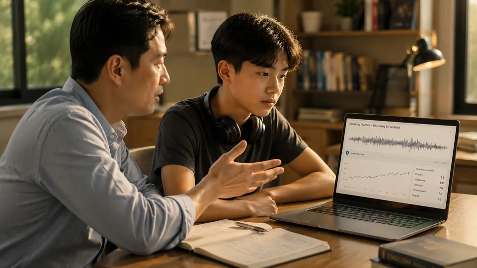 Coach reviewing speaking progress with a student